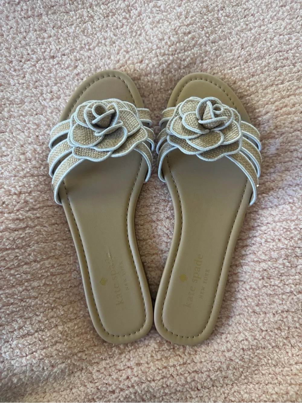 kate spade tan floral-appliqué slide sandals